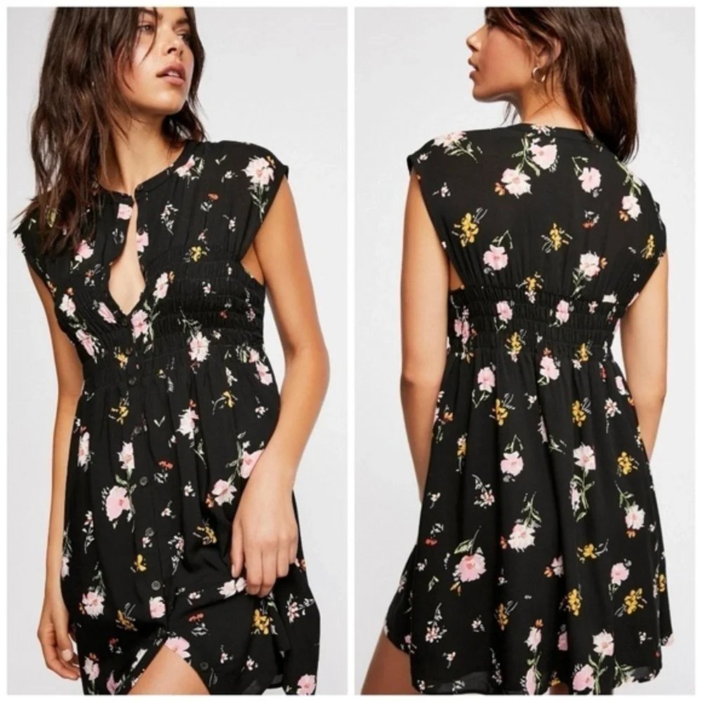 FREE PEOPLE Black The Greatest Day Smocked Mini Dress XS
